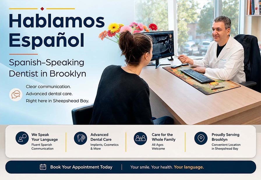 Spanish-speaking dentist at LuxDen Dental Center in Brooklyn reviewing dental X-rays with a patient during a consultation.